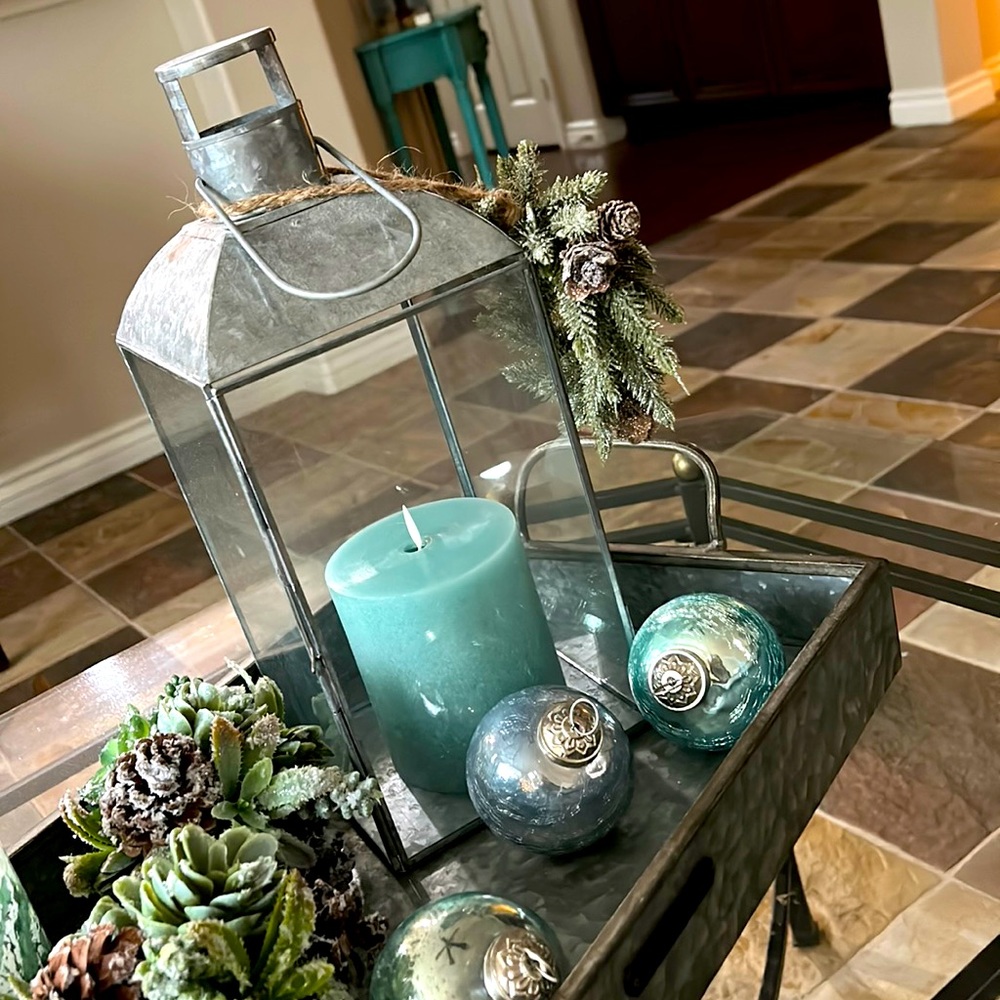 Pier1 farmhouse rustic boho large lantern in galvanized metal and glass